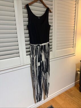 DKNY Black Tank Jumpsuit with Black & White Abstract Print Pants